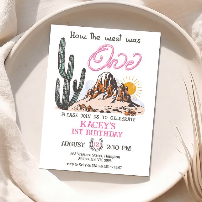 Convite Ocidental Rosa Como O Ocidente Era Um primeiro ani (How The West Was One 1st Birthday Invitation, Baby Girl Wild West 1st Birthday Invite First Rodeo)
