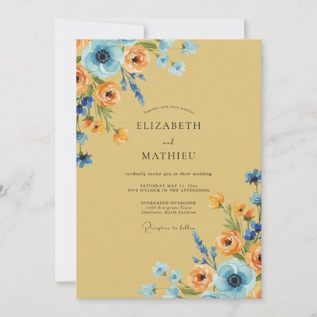Convite Ocre Azul Ranunculus Poeira Eucalipto Casamento (Frente)