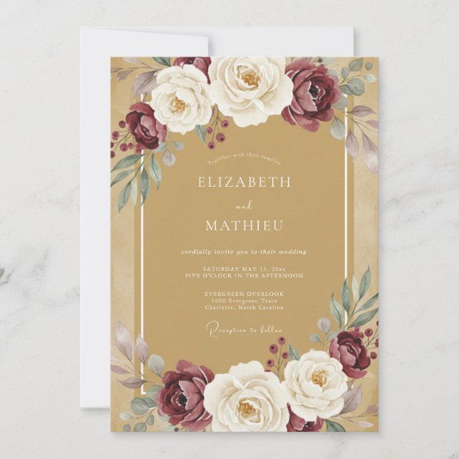 Convite Ocre Burgundy Floral Romântico Casamento (Frente)