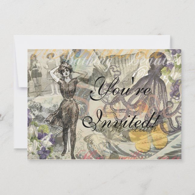 Convite Octopus Beach Antique Coastal Steampunk (Frente)