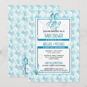 Convite Octopus de Chá de fraldas Blue & Teto Watercolor