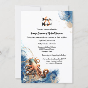 Convite Octopus laranja azul ondas cúbicas costeiras