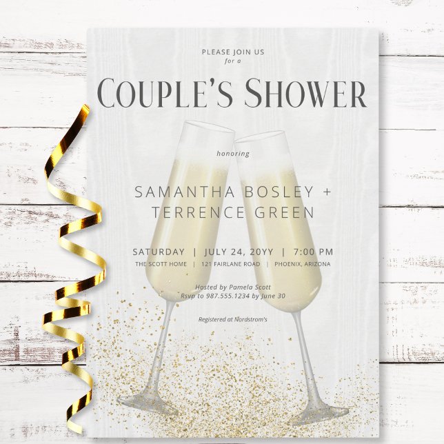 Convite Óculos de champanhe modernos e Chá de Casal brilha (Modern Champagne Glasses & Glitter Couple's Shower Invitation)