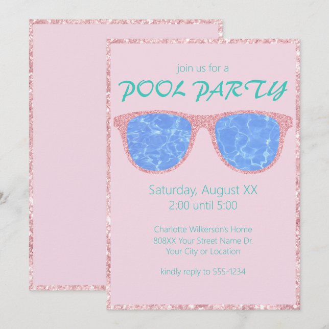 Convite Óculos de Sol Rosa Brilho Festa na Piscina (Frente/Verso)