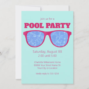 Convite Óculos de Sol Rosa Choque na Festa na Piscina Turq