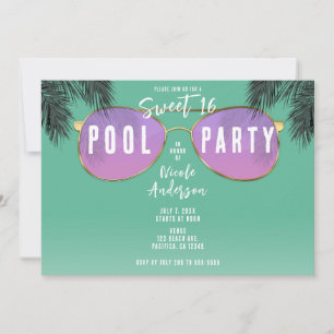 Convite Óculos de Sol Rosa e Dourado Festa de Piscina Teen