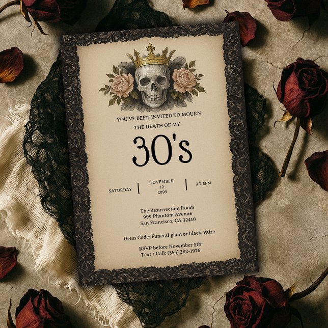 Convite Ódio e Rosa à minha Festa de aniversário dos 30 an (Skull and Roses Death to my 30s Birthday Party Invitation
)
