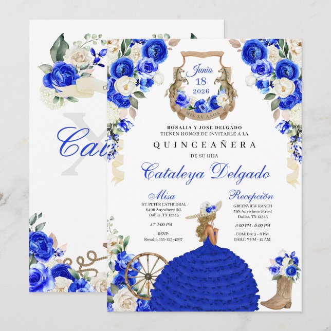 Convite Oeste dos Rosas Azuis Mariachi Charro Quinceañera (Frente/Verso)