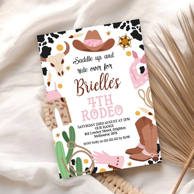 Convite Oeste Selvagem Rosa, Oeste, 4° aniversário do Rode (4th Rodeo Cowgirl Birthday Party Invitation Wild West Cowgirl Fourth Rodeo Editable Template)