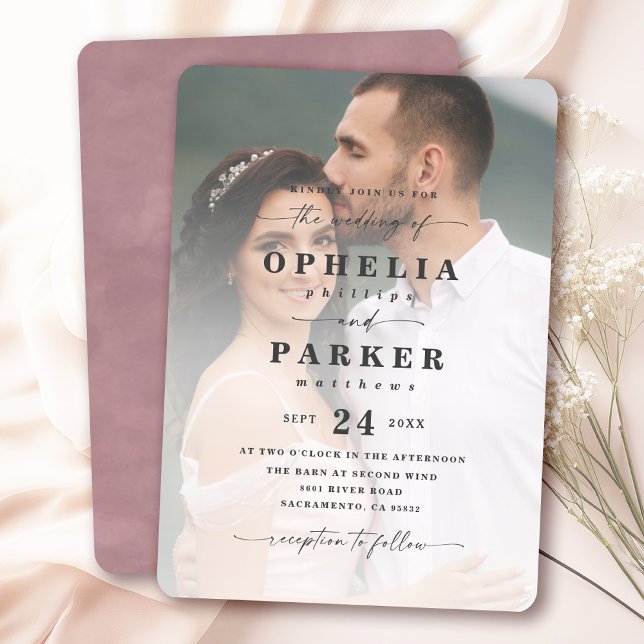 Convite Ofélia Elegante Script Foto Casamento (Say "I DO" to Romantic Watercolor Florals and a Cottagecore Vibe with the Ophelia Wedding Suite.)
