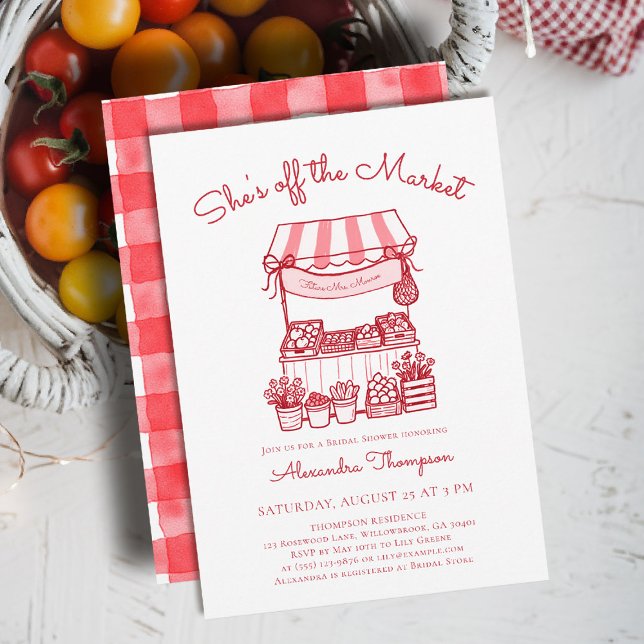 Convite Off the Market Farmers Red Modern Bridal Shower (shes off the market bridal shower invitation red farmer stand hand drawn rustic chic outdoors picnic)