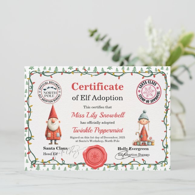 Convite Official North Pole Elf Adoption Certificate  (Em pé/Frente)