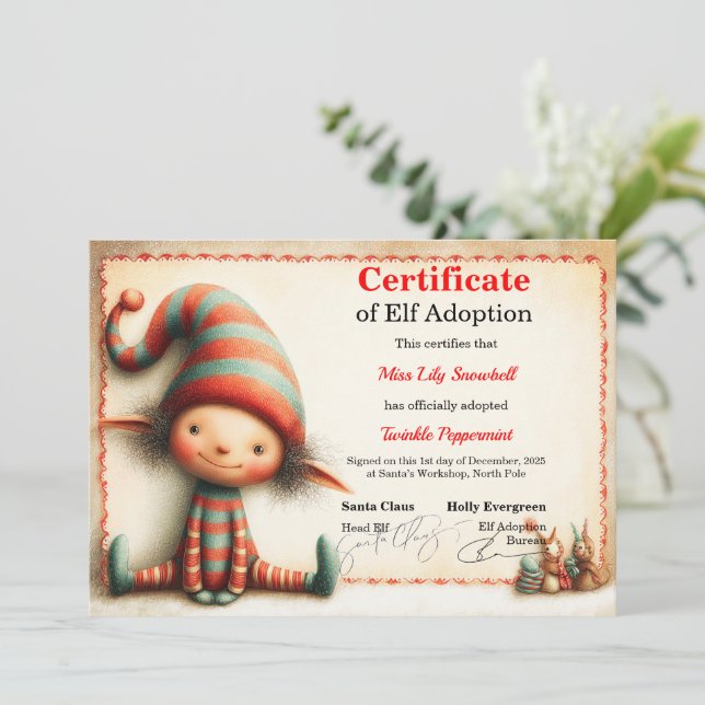 Convite Official North Pole Elf Adoption Certificate  (Em pé/Frente)