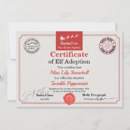Convite Official North Pole Elf Adoption Certificate