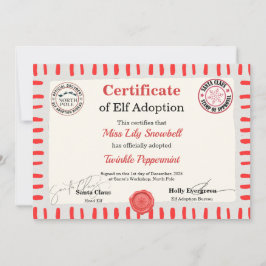 Convite Official North Pole Elf Adoption Certificate