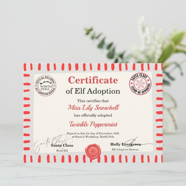 Convite Official North Pole Elf Adoption Certificate  (Em pé/Frente)