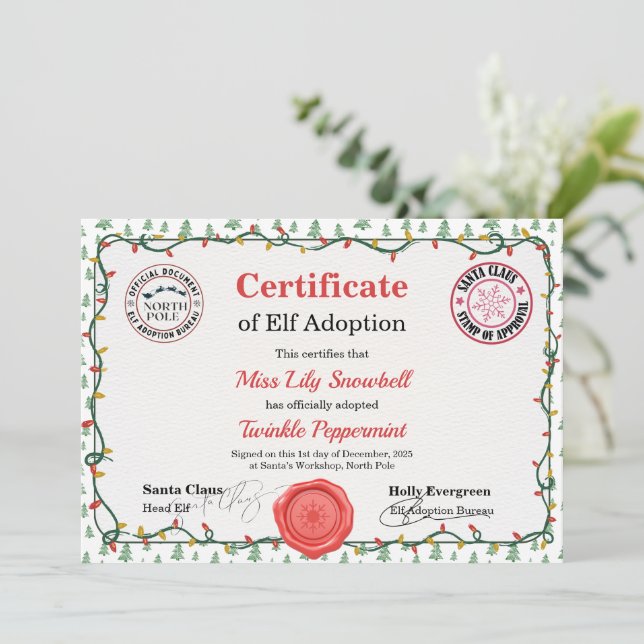 Convite Official North Pole Elf Adoption Certificate  (Em pé/Frente)