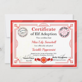 Convite Official North Pole Elf Adoption Certificate