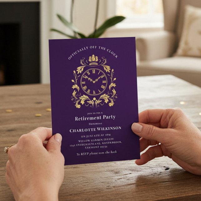 Convite Officially Off The Clock Gold Scroll Retirement  (Criador carregado)