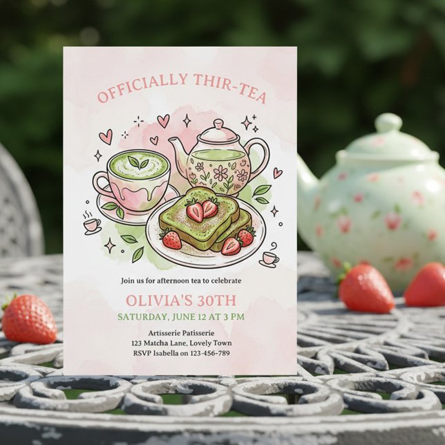 Convite Officially Thir-Tea Matcha Tea Party 30th Birthday (Match Tea Party Invitation - "Officially Thir-tea" 30th birthday (can edit to Twen-Tea, For-Tea etc))