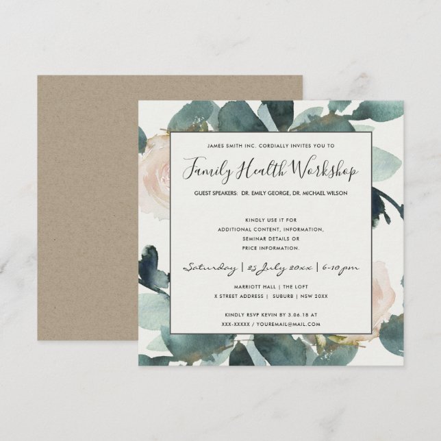 CONVITE OFICINA DE TRABALHO COM FOLHAS DE ROSA EUCALIPTO C (Frente/Verso)