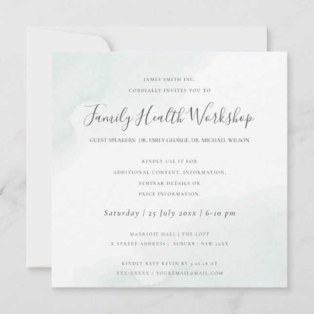 Convite OFICINA DE TRABALHO DE PINCELADA DE Aquarela AZUL  (Frente)