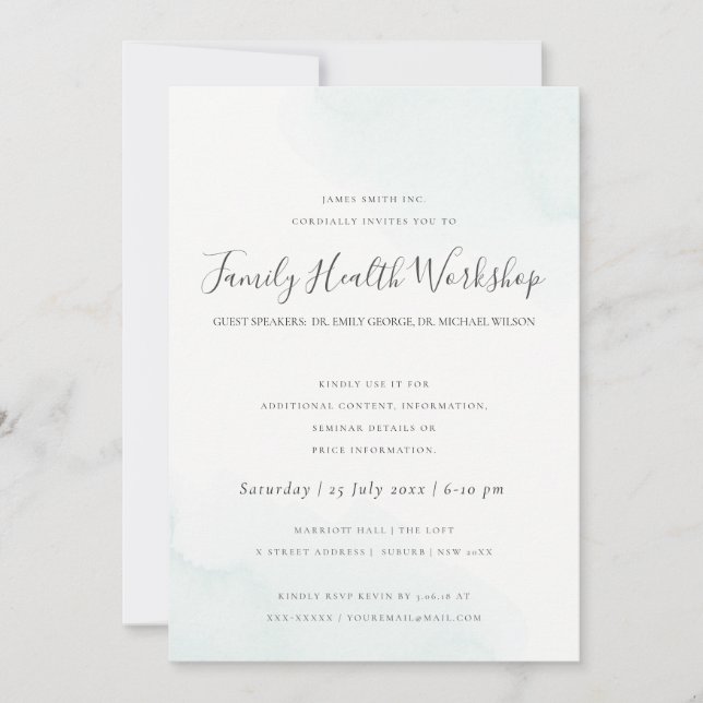 Convite OFICINA DE TRABALHO DE PINCELADA DE Aquarela AZUL  (Frente)