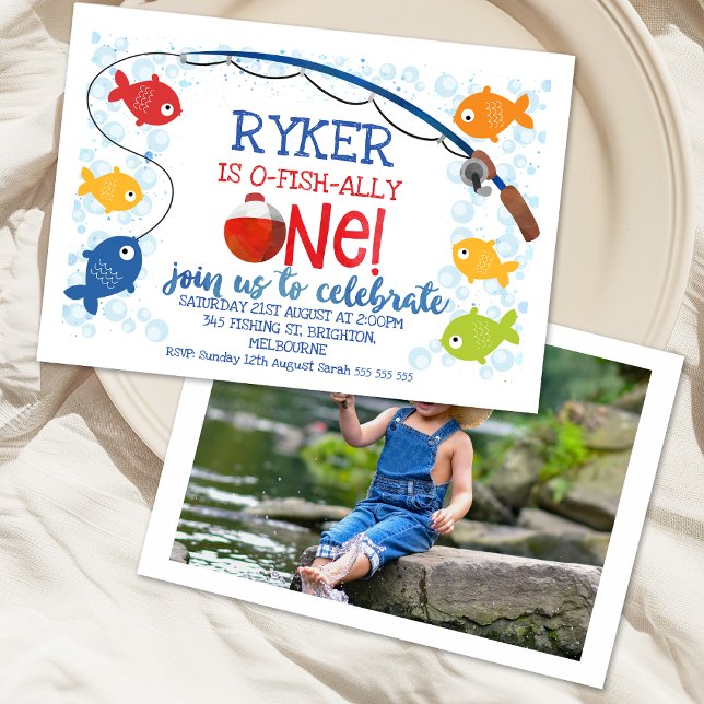 Convite Ofishally Um primeiro aniversario de Bober de Pesc (Colorful Ofishally One 1st Birthday Invitation, O-fish-ally One Invitation, Fishing Birthday Invite)