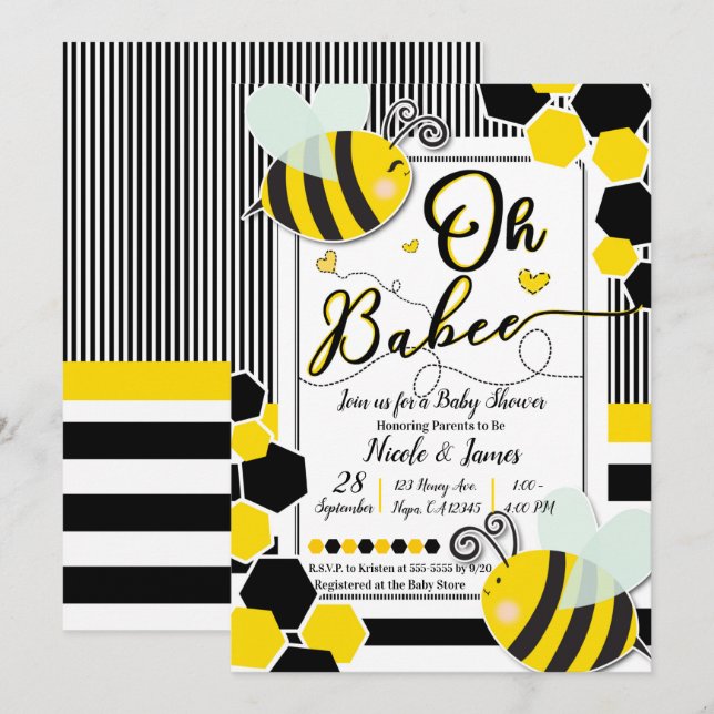 Convite Oh BaBEE Bee Baby Shower Bebê Branco (Frente/Verso)