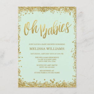 Convite Oh Babies Mint Dourado Glitter Chá de fraldas