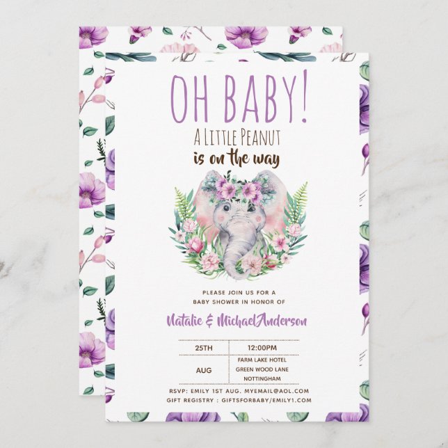 Convite Oh Baby A Little Peanut Boho Elephing Chá de frald (Frente/Verso)