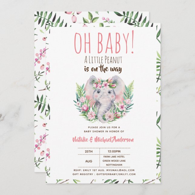 Convite Oh Baby A Little Peanut Boho Elephing Chá de frald (Frente/Verso)