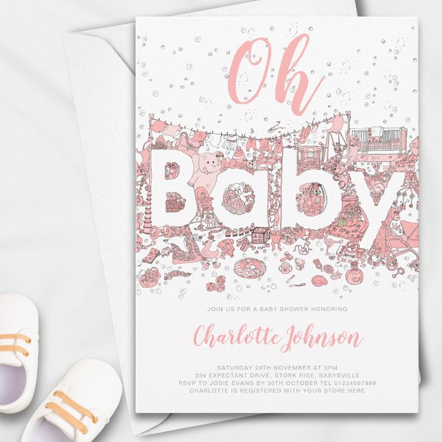 Convite Oh Baby Aguarela Rosa Chás de Bebê (Oh baby pink watercolor baby shower Invitation )