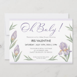 Convite Oh Baby Aquarela Íris Floral Roxo Lavanda