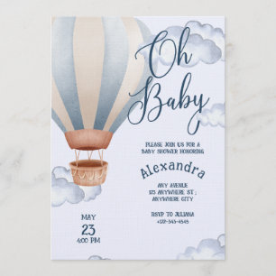 Convite Oh Baby Azul Aquarela Balão de Ar Bebe Recém-Nasci
