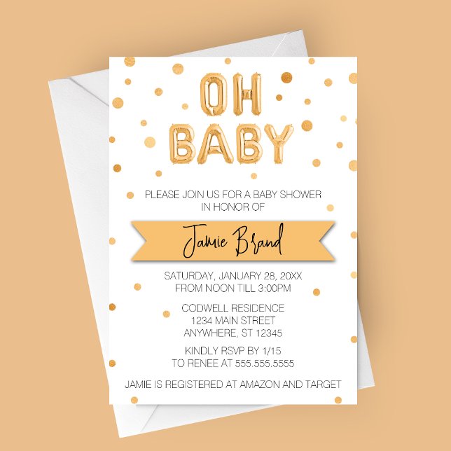 Convite Oh Baby Balão de Folha Dourada Chuvade Bebê (Oh Baby Gold Foil Balloon Letters Baby Shower Invitation - Neutral Baby Shower)