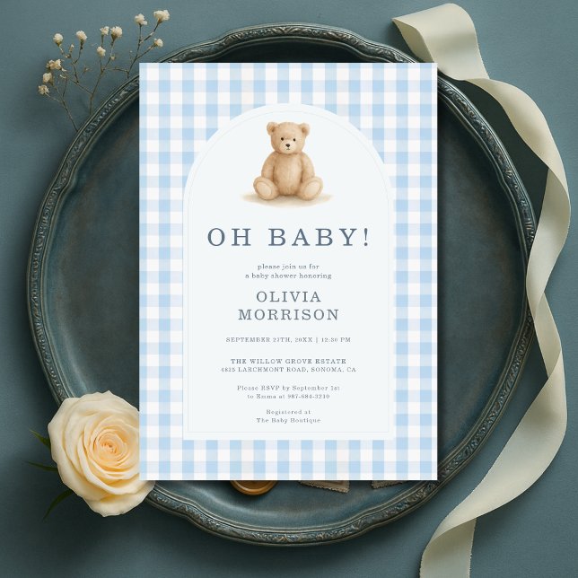 Convite Oh Baby Bear Azul Xadrez Baby Shower (Criador carregado)