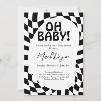 Convite Oh Baby! Black Checkered Modern Baby Shower 