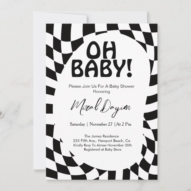 Convite Oh Baby! Black Checkered Modern Baby Shower  (Frente)