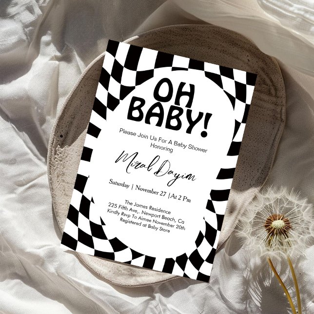 Convite Oh Baby! Black Checkered Modern Baby Shower  (Criador carregado)