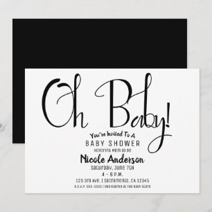 Convite Oh Baby Black Script Festa de Chuveiro Minimalista