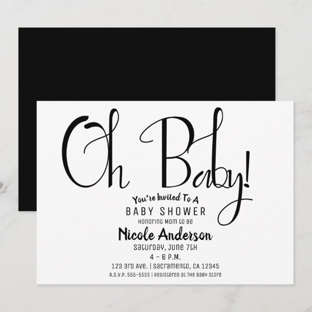 Convite Oh Baby Black Script Modern Minimamente Chá Party (Frente/Verso)
