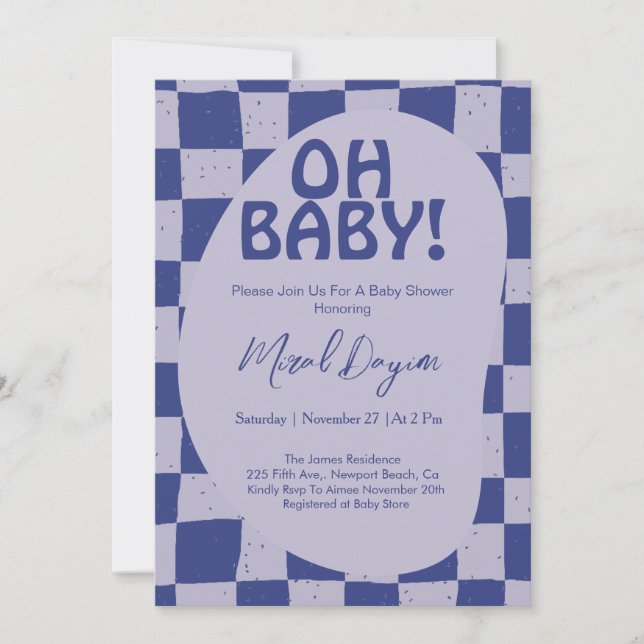 Convite Oh Baby! Blue Checkered Modern Baby Shower (Frente)