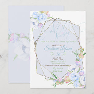 Convite Oh Baby Blue Floral Chá de fraldas Crystal Frame