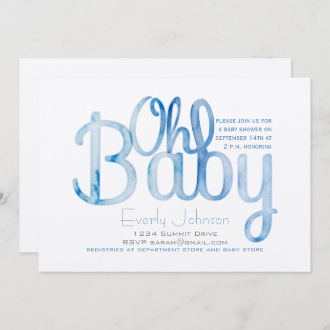Convite Oh Baby Blue Watercolor Baby Boy Chá (Frente/Verso)