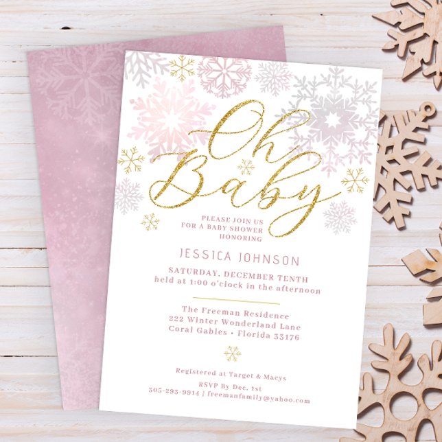 Convite Oh Baby Blush Pink Snowflake Chá Convidar (Oh Baby Winter Wonderland Baby Shower - Pink & Glitter Gold)