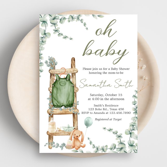 Convite Oh Baby Boho Eucalyptus Chá de fraldas (Oh Baby Greenery Baby Shower Invitation)
