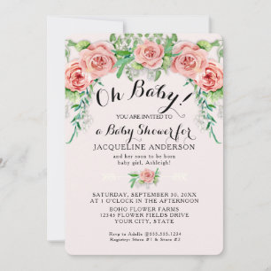 Convite Oh Baby BOHO Menina da Chuva Rosa Floral Script
