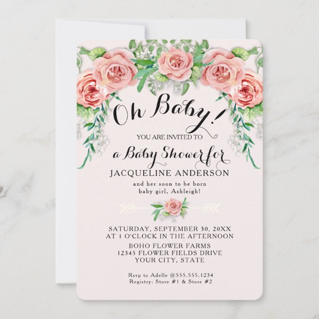 Convite Oh Baby BOHO Menina da Chuva Rosa Floral Script  (Frente)