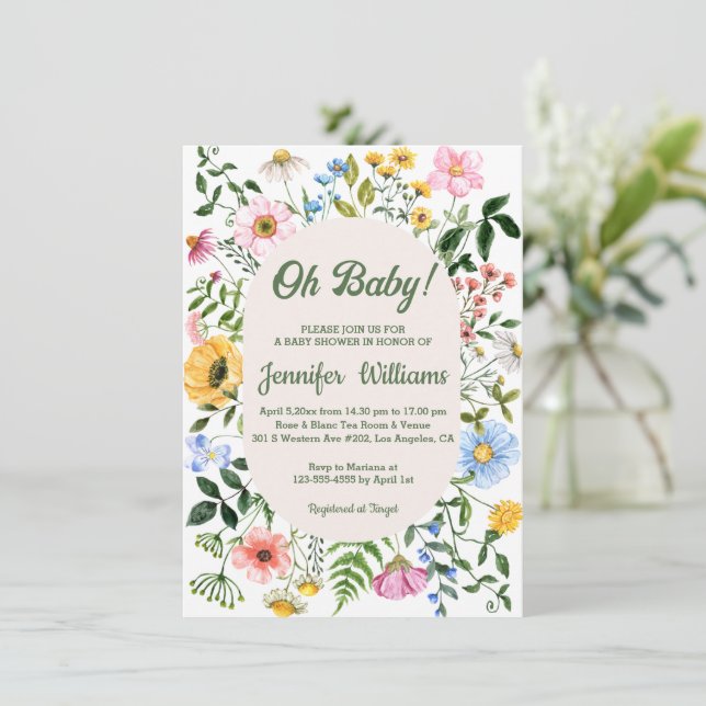 Convite oh baby,chá de fraldas aquarela flores silvestres  (Em pé/Frente)